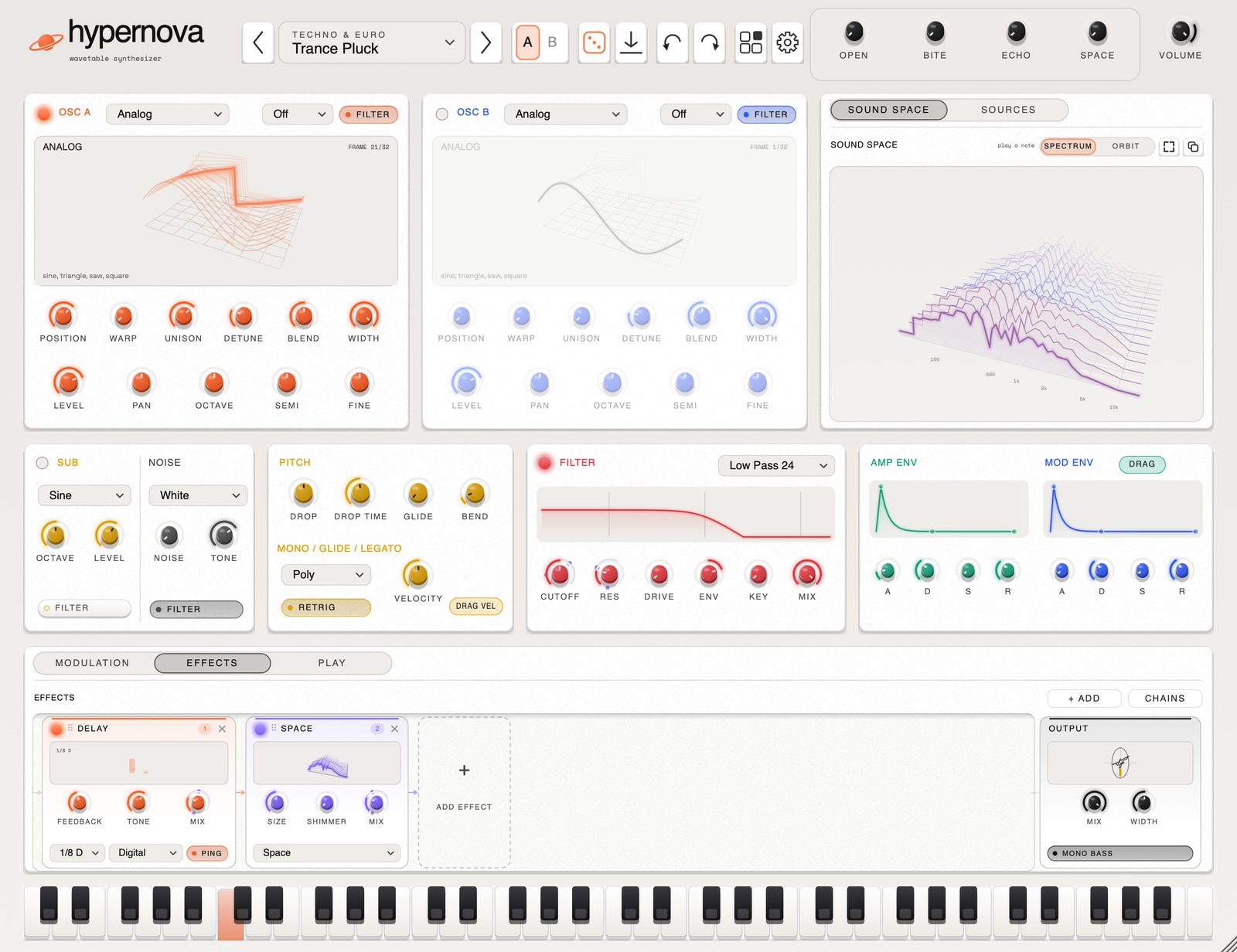 The Hypernova editor in the Paper theme: two wavetable oscillators in 3D, Sound Space, filter, envelopes and the modulation deck.