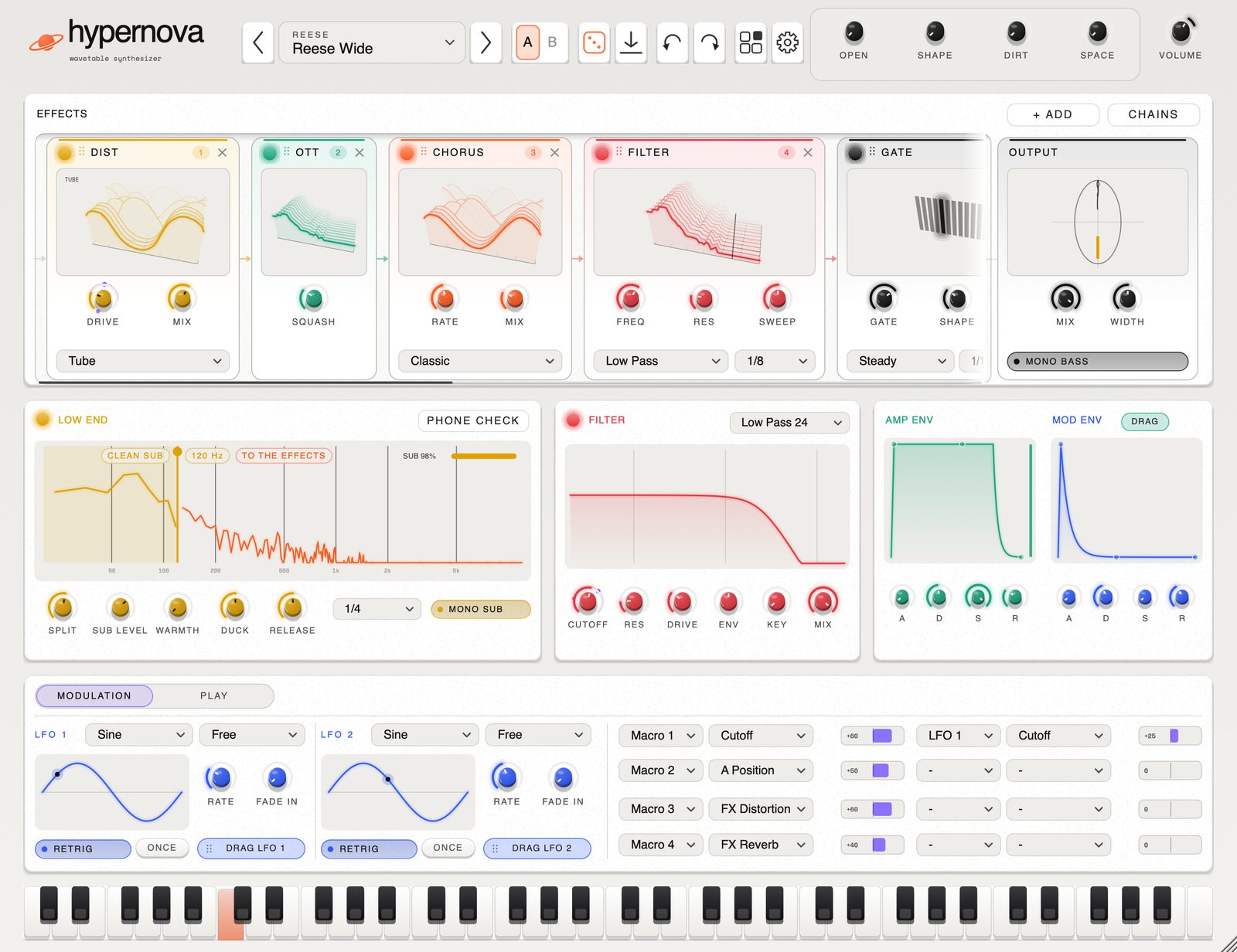 The Effects workspace: the effects rack, each effect a module with its own live display, over Low End, the filter and the envelopes.
