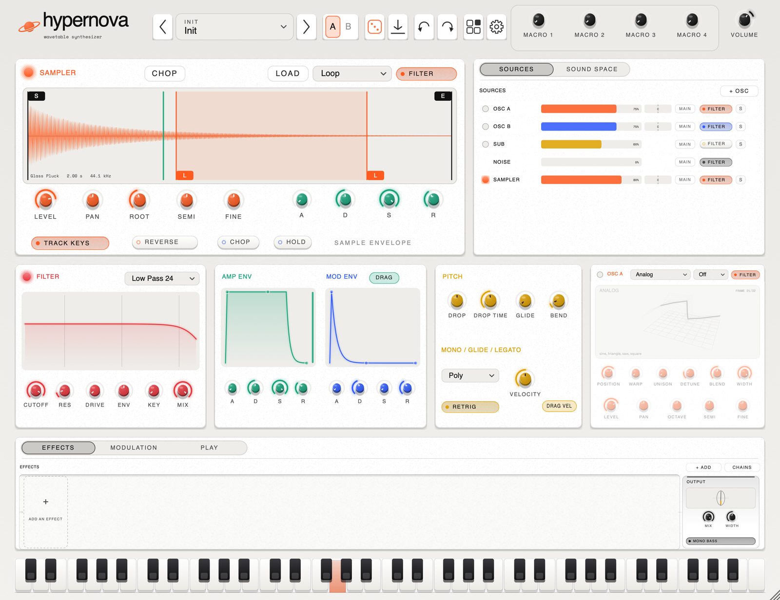 The Sampling workspace: a sample's waveform with start, end and loop markers, over the filter, envelopes and effects.