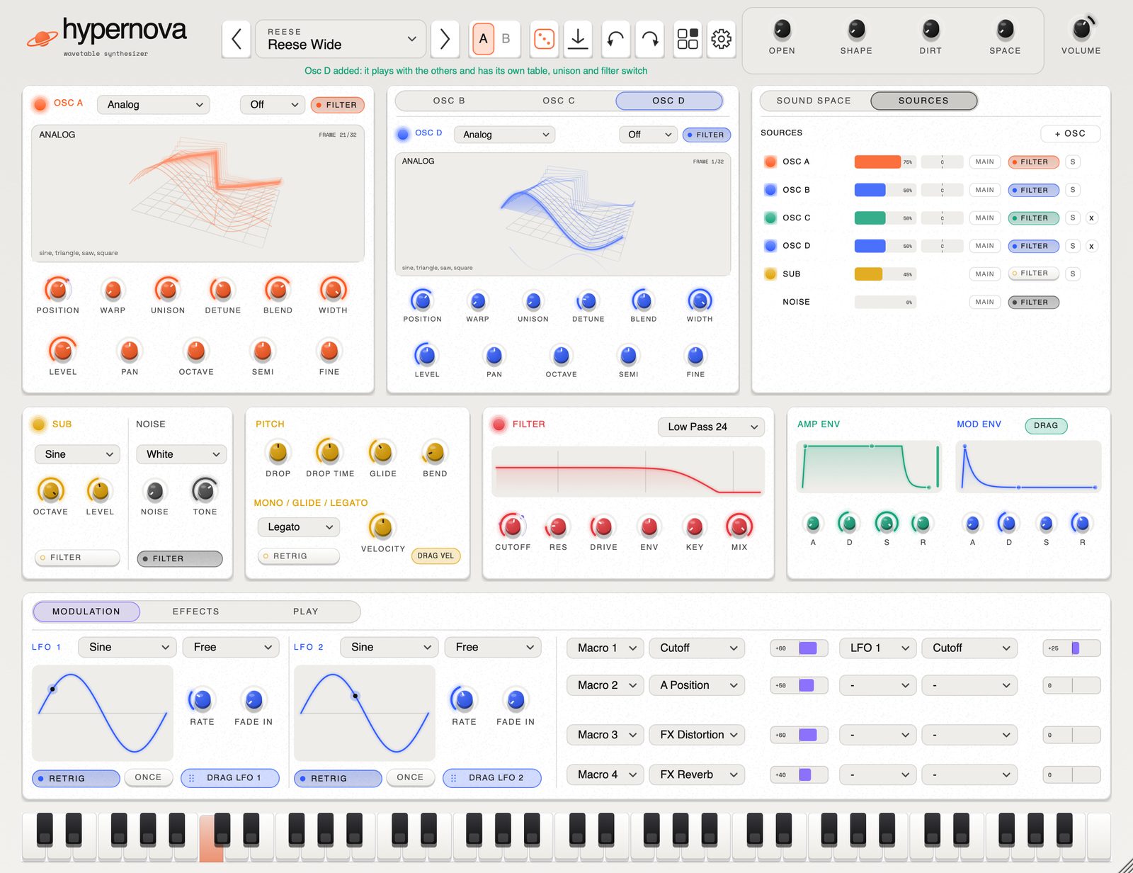 Two added oscillators as tabs beside Osc B, and the Sources mixer with a row for every source.