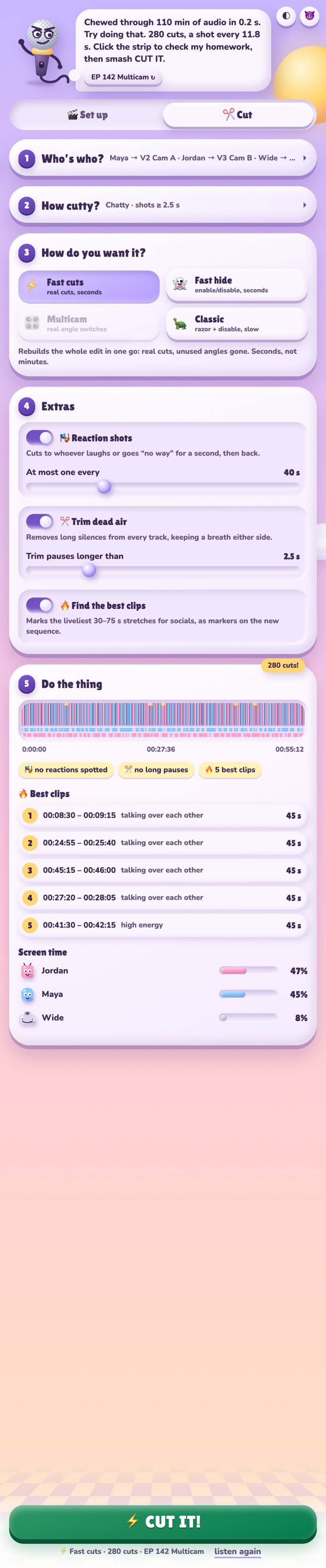 The Cut tab: presets, extras, a preview strip of the edit and the best clips list