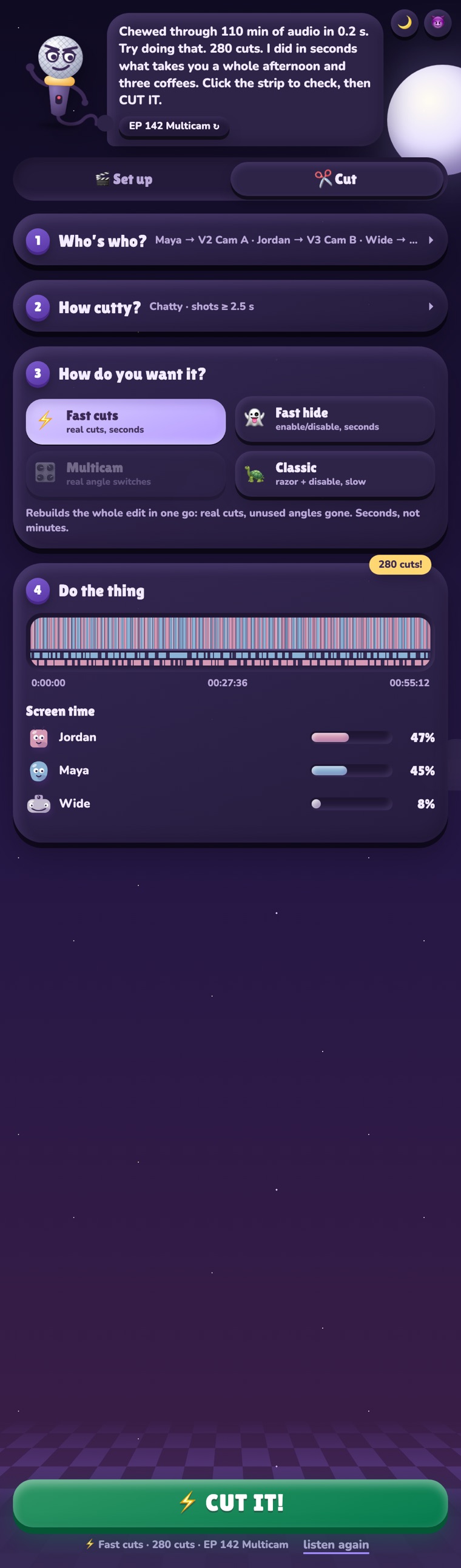The panel in dark mode